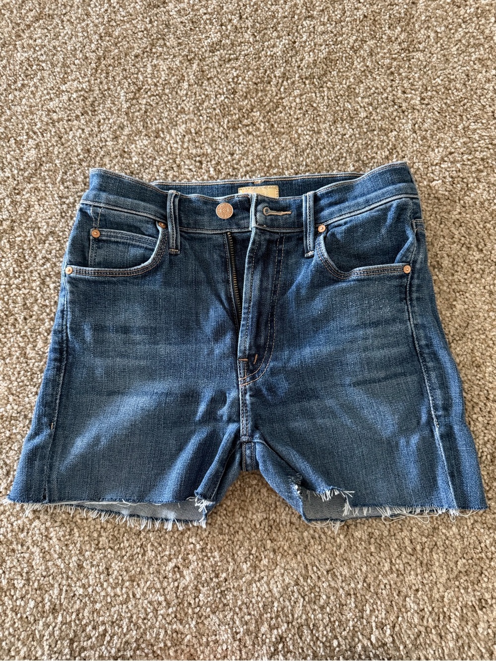 MOTHER Dark Blue Denim Shorts with Gold Logo Patch